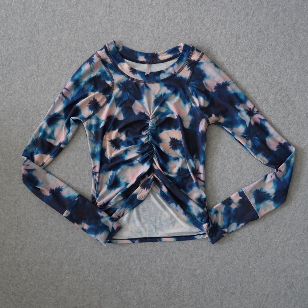 FP Movement Tempo Ruched Printed Crew Neck Long Sleeve in Watercolor Blue